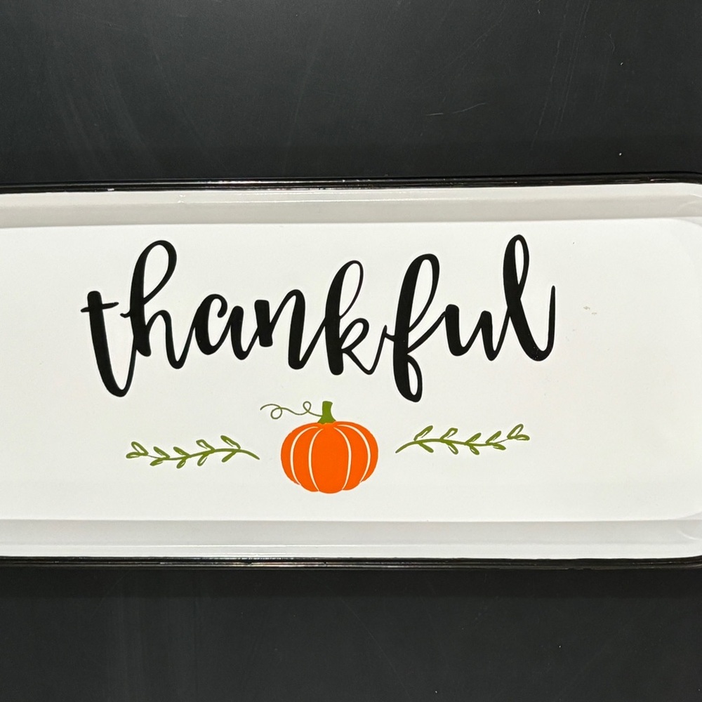 Farmhouse Metal Serving Tray Thankful Pumpkin Fall Decor Thanksgiving 23.25 x 8"